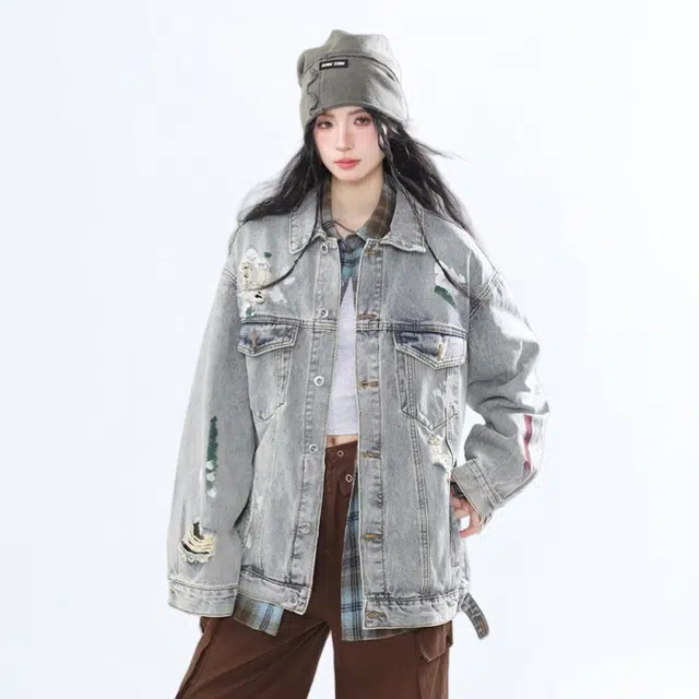 欧阳喜 水洗潮牌高街设计感宽松翻领长袖牛仔外套 女款 蓝色