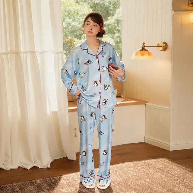 宫蝶 纯棉卡通长袖家居服抗菌可外穿宽松休闲开衫睡衣套装 女款