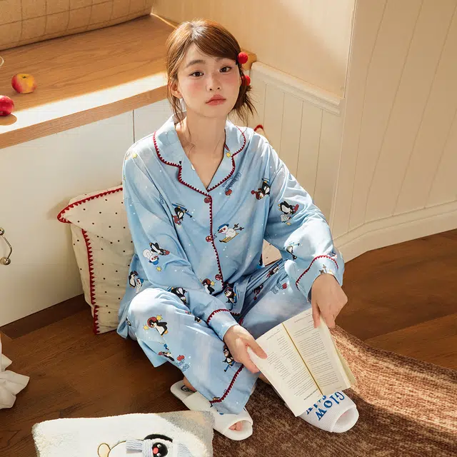 宫蝶 纯棉卡通长袖家居服抗菌可外穿宽松休闲开衫睡衣套装 女款