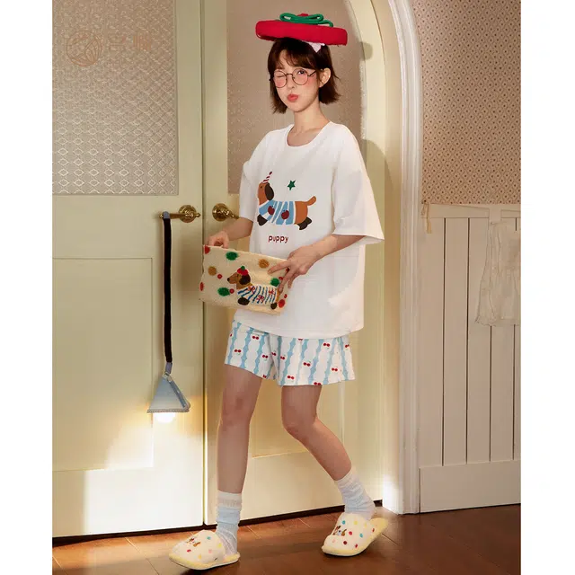 宫蝶 腊肠狗短袖纯棉卡通家居服休闲可外穿舒适甜美风三分裤夏季睡衣套装 女款 礼盒装