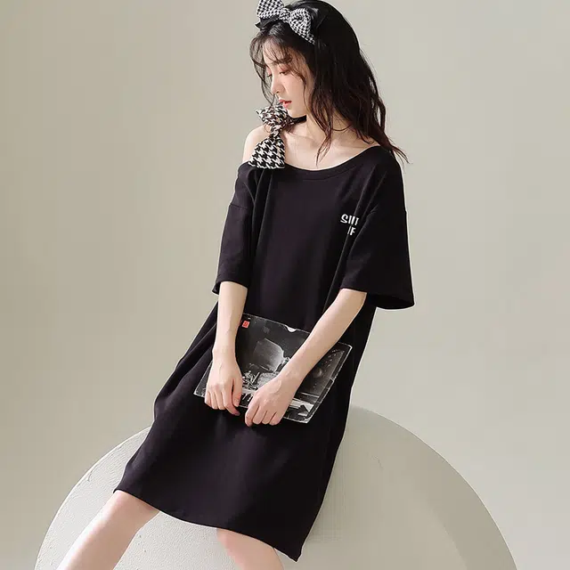 宫蝶 舒适纯色休闲短袖家居服可外穿睡裙 女款 黑色