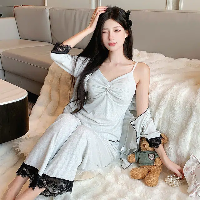 宫蝶 简约甜美风三件套七分袖家居服柔软休闲可外穿带胸垫小清新无袖吊带薄款夏季睡衣套装 女款