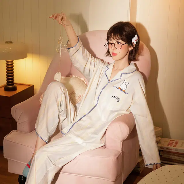宫蝶 米菲纯棉长袖卡通休闲家居服可外穿宽松开衫睡衣套装 女款 礼盒装