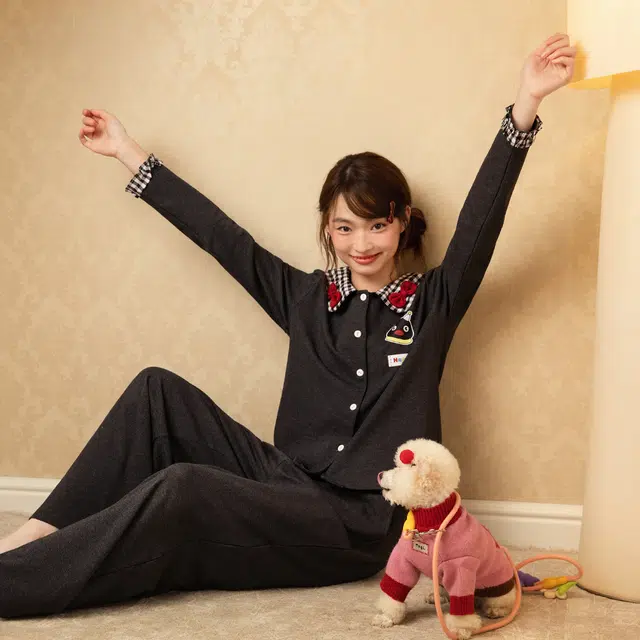 宫蝶 小企鹅纯棉长袖卡通家居服宽松休闲可外穿开衫睡衣套装 女款