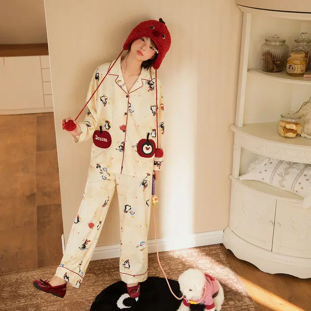 宫蝶 抗菌纯棉卡通长袖家居服可外穿宽松休闲开衫睡衣套装 女款