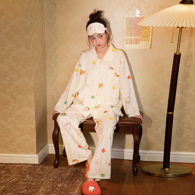 宫蝶 米菲长袖抗菌纯棉卡通家居服宽松休闲开衫可外穿睡衣套装 女款 礼盒装