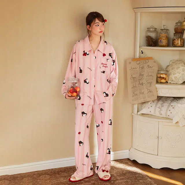 宫蝶 纯棉长袖卡通家居服休闲可外穿宽松开衫睡衣套装 女款