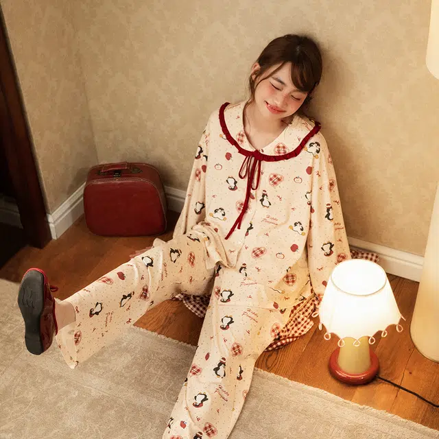 宫蝶 纯棉长袖卡通休闲宽松家居服可外穿开衫甜美风睡衣套装 女款
