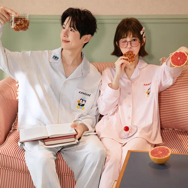 宫蝶 小企鹅长袖纯棉家居服卡通休闲开衫可外穿宽松睡衣套装 男女同款