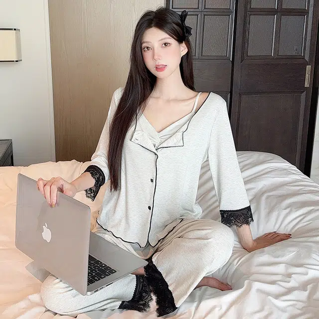 宫蝶 简约甜美风三件套七分袖家居服柔软休闲可外穿带胸垫小清新无袖吊带薄款夏季睡衣套装 女款