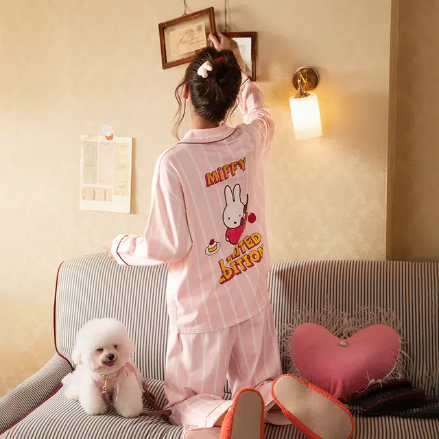 宫蝶 米菲纯棉长袖甜美风可外穿卡通开衫家居服宽松休闲舒适睡衣套装 女款 礼盒装