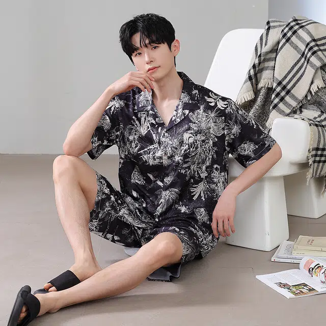宫蝶 东南亚风情系列 冰丝短袖度假风家居服薄款可外穿复古风休闲大码开衫睡衣套装 男款 黑色