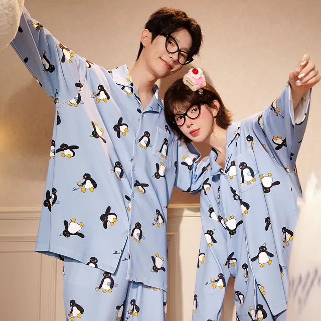 宫蝶 小企鹅纯棉长袖卡通家居服宽松满印休闲可外穿开衫睡衣套装 女款