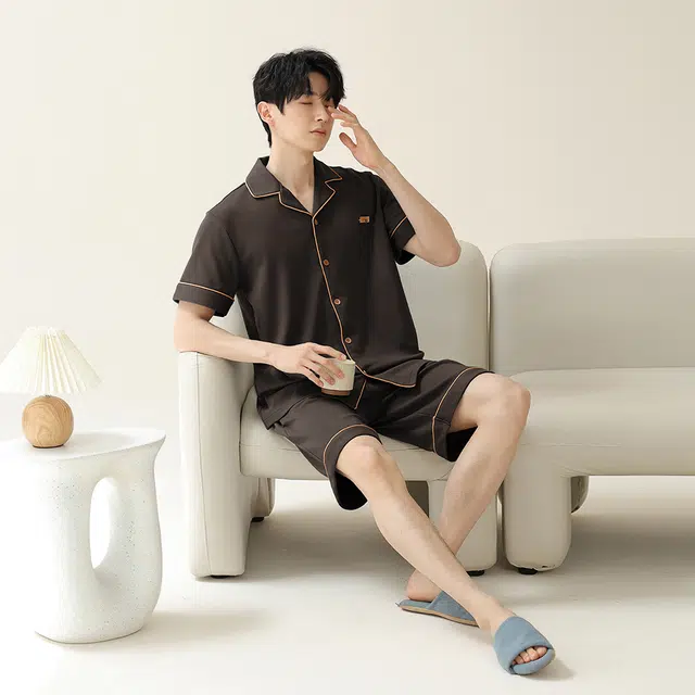 宫蝶 纯棉短袖家居服简约纯色休闲可外穿宽松大码睡衣套装 男款