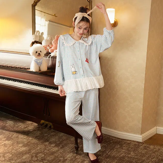 宫蝶 米菲纯棉长袖甜美风家居服卡通休闲格子可外穿宽松开衫睡衣套装 女款 礼盒装