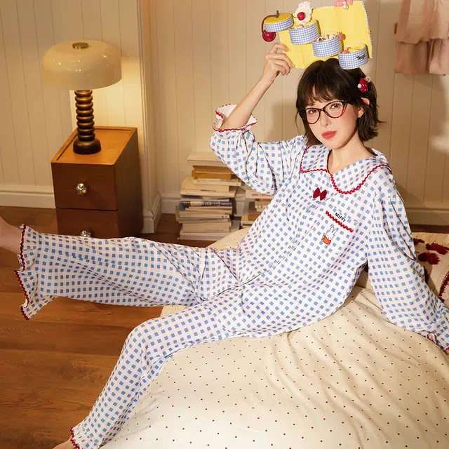 宫蝶 米菲纯棉长袖抗菌卡通家居服休闲格子开衫宽松可外穿睡衣套装 女款 礼盒装