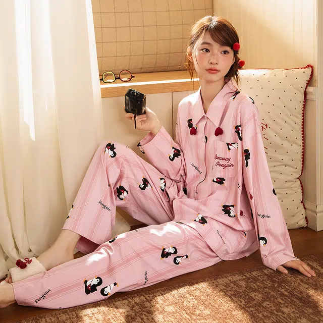 宫蝶 纯棉长袖卡通家居服休闲可外穿宽松开衫睡衣套装 女款