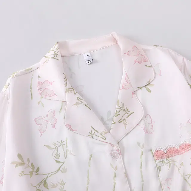 宫蝶 冰丝短袖长裤休闲薄款家居服满印可外穿开衫睡衣套装 女款