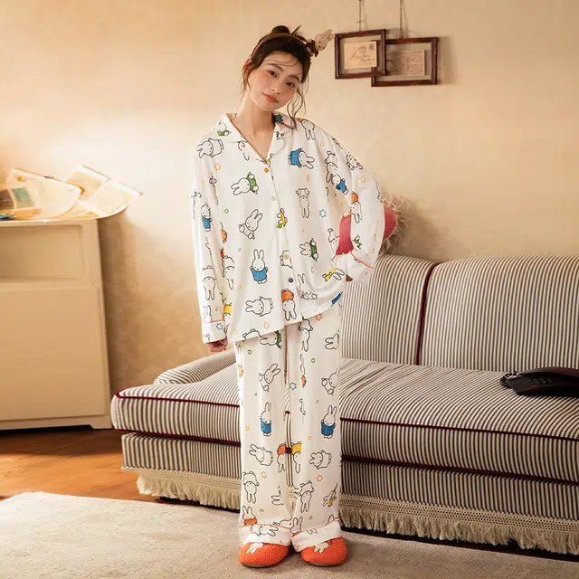 宫蝶 米菲纯棉长袖舒适家居服卡通满印休闲可外穿宽松开衫睡衣套装 女款 礼盒装