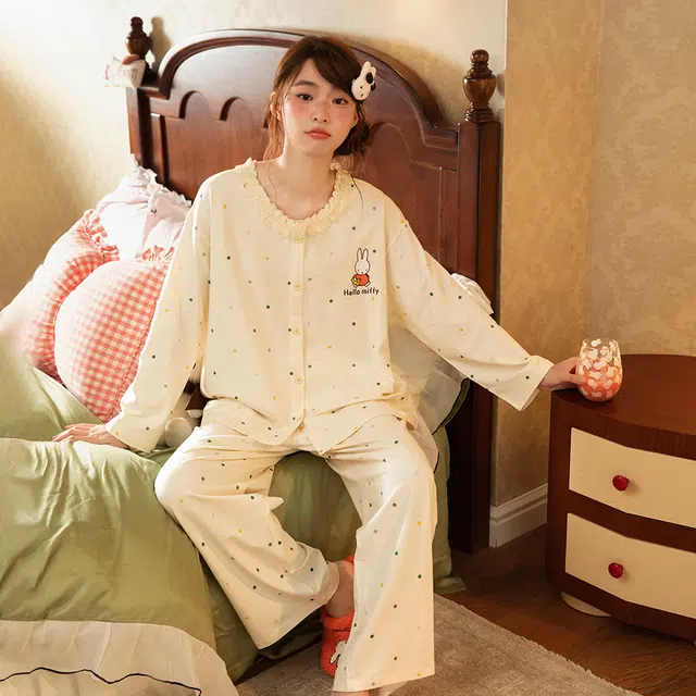 宫蝶 米菲长袖纯棉甜美风卡通家居服休闲可外穿宽松开衫睡衣套装 女款 礼盒装