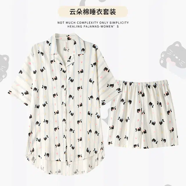 宫蝶 柔软休闲卡通满印短袖家居服可外穿开衫睡衣套装 女款 白色