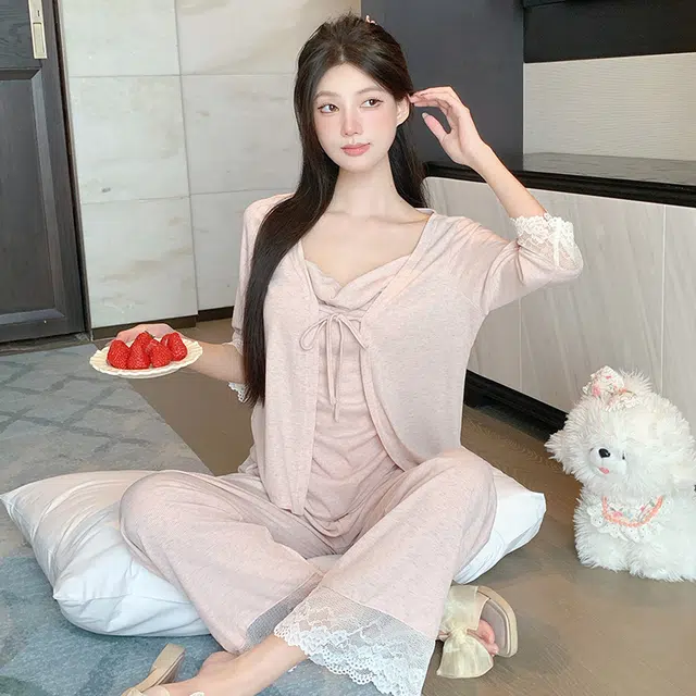 宫蝶 甜美风简约三件套七分袖家居服柔软休闲可外穿带胸垫小清新无袖吊带薄款夏季睡衣套装 女款