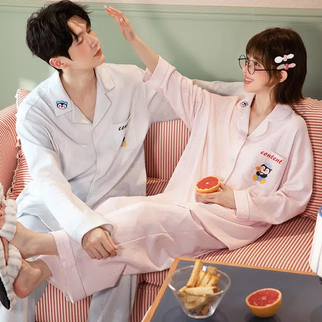 宫蝶 小企鹅长袖纯棉家居服卡通休闲开衫可外穿宽松睡衣套装 男女同款