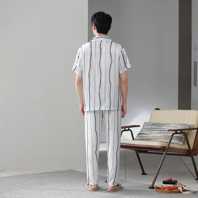 宫蝶 东南亚风情系列 冰丝短袖长裤度假风可外穿家居服条纹开衫薄款休闲大码睡衣套装 男款 白色