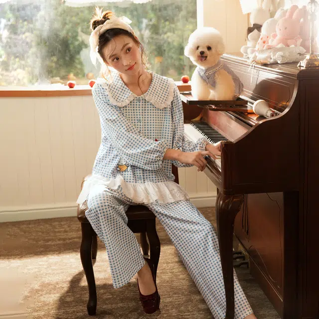 宫蝶 米菲纯棉长袖甜美风家居服卡通休闲格子可外穿宽松开衫睡衣套装 女款 礼盒装