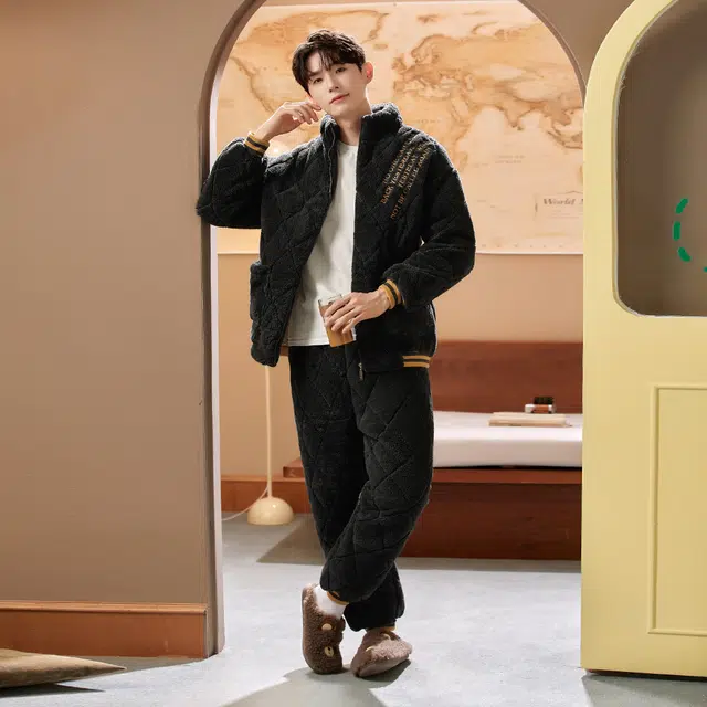 宫蝶 冬季三层夹棉保暖珊瑚绒加厚家居服冬季可外穿休闲睡衣套装 男款 深灰色