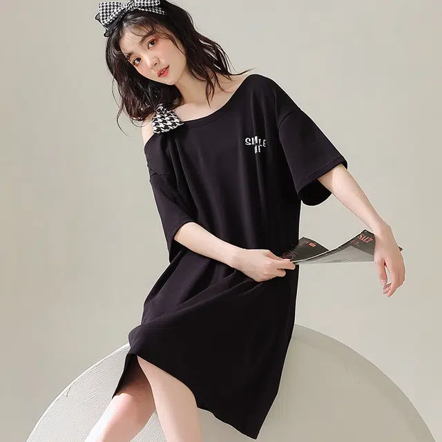 宫蝶 舒适纯色休闲短袖家居服可外穿睡裙 女款 黑色