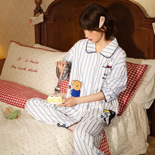 宫蝶 米菲纯棉长袖家居服条纹开衫卡通满印休闲可外穿宽松睡衣套装 女款 礼盒装
