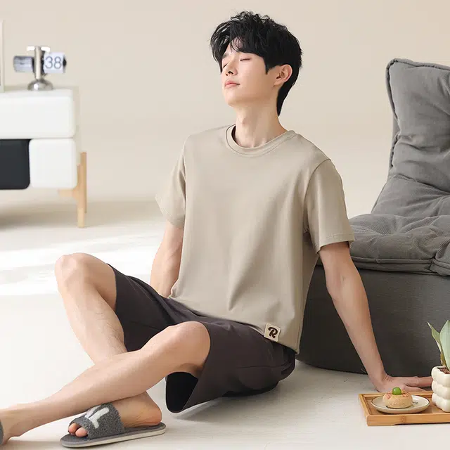 宫蝶 凉感短袖简约圆领家居服休闲可外穿睡衣套装 男款