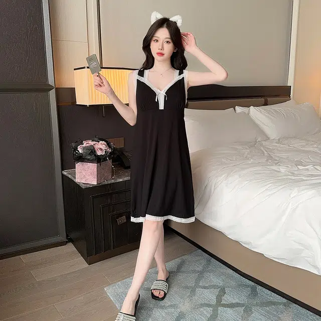 宫蝶 莫代尔无袖睡衣家居服纯色柔软舒适型睡裙 女款