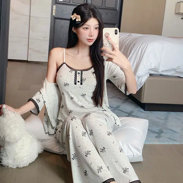 宫蝶 甜美风简约三件套家居服柔软七分袖休闲可外穿带胸垫小清新无袖吊带薄款夏季睡衣套装 女款