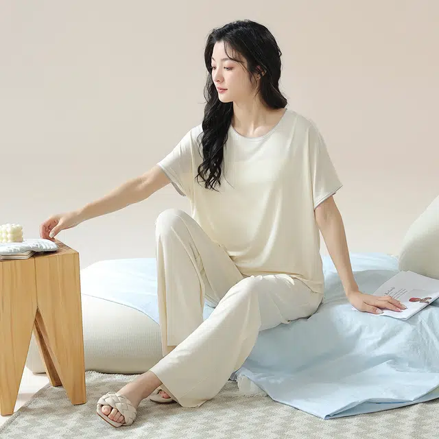 宫蝶 圆领套头舒适短袖上衣纯色中腰长裤睡衣套装 女款