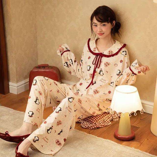 宫蝶 纯棉长袖卡通休闲宽松家居服可外穿开衫甜美风睡衣套装 女款