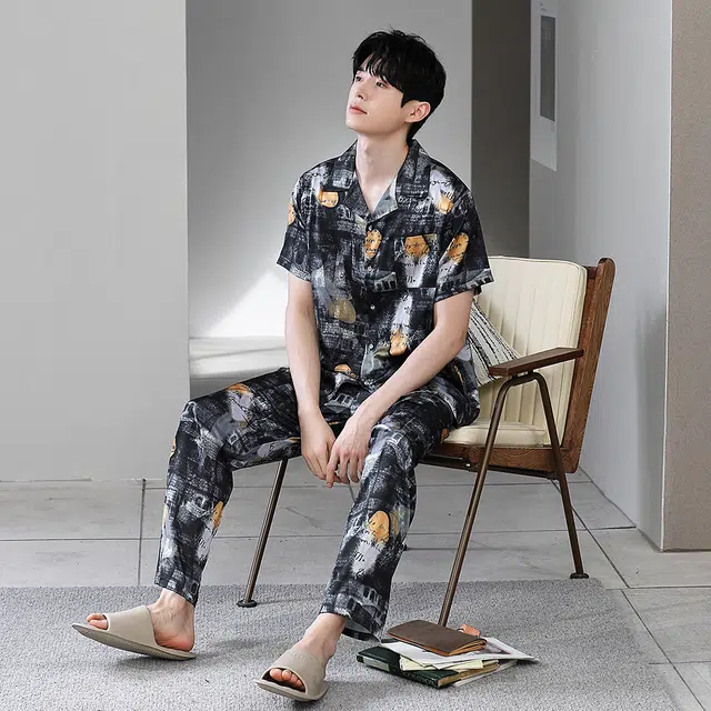 宫蝶 东南亚风情系列 冰丝短袖长裤度假风可外穿家居服条纹开衫薄款休闲大码睡衣套装 男款 黑色