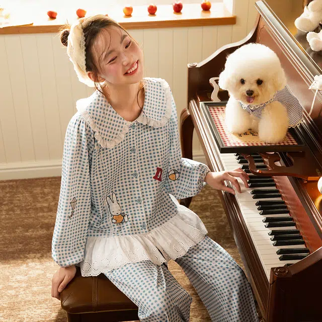 宫蝶 米菲纯棉长袖甜美风家居服卡通休闲格子可外穿宽松开衫睡衣套装 女款 礼盒装