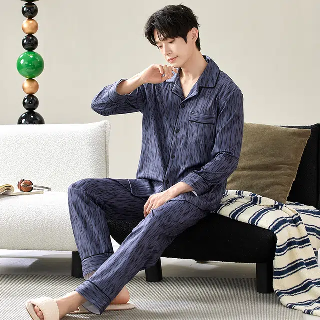 宫蝶 保暖厚款可外穿家居服开衫休闲睡衣套装 男款 深蓝色