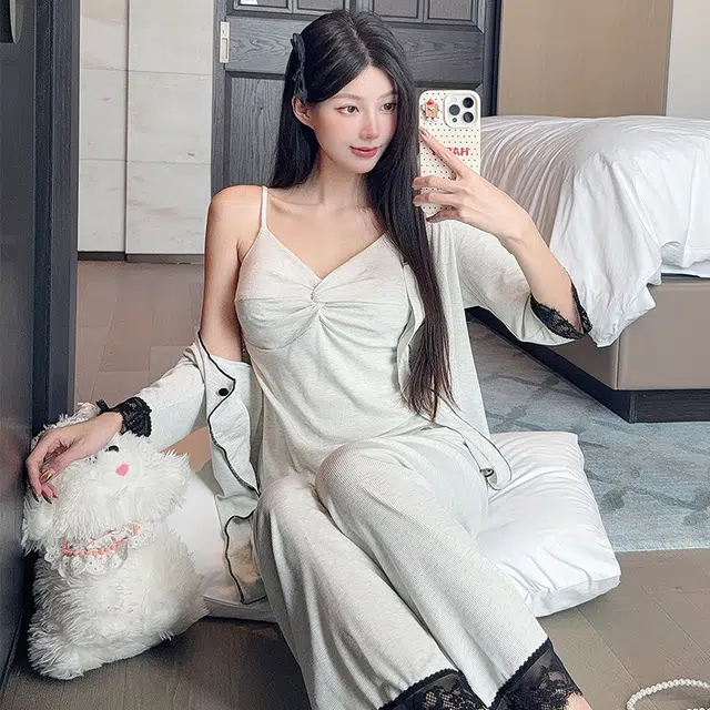 宫蝶 简约甜美风三件套七分袖家居服柔软休闲可外穿带胸垫小清新无袖吊带薄款夏季睡衣套装 女款