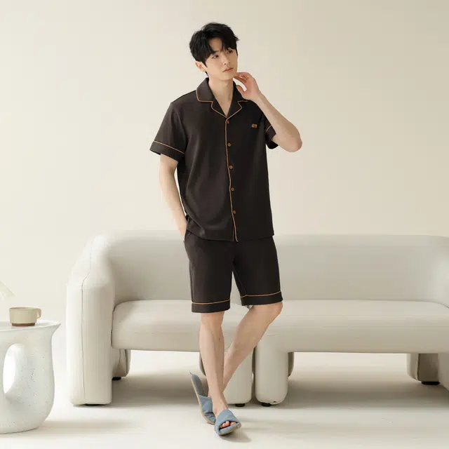 宫蝶 纯棉短袖家居服简约纯色休闲可外穿宽松大码睡衣套装 男款