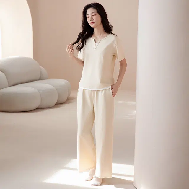 宫蝶 短袖纯棉可外穿休闲家居服简约假两件睡衣套装 女款