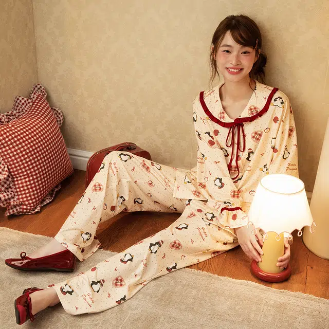 宫蝶 纯棉长袖卡通休闲宽松家居服可外穿开衫甜美风睡衣套装 女款
