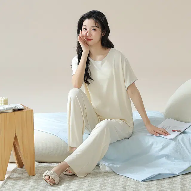 宫蝶 圆领套头舒适短袖上衣纯色中腰长裤睡衣套装 女款