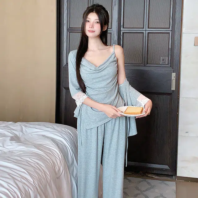 宫蝶 甜美风简约三件套七分袖家居服柔软休闲可外穿带胸垫小清新无袖吊带薄款夏季睡衣套装 女款