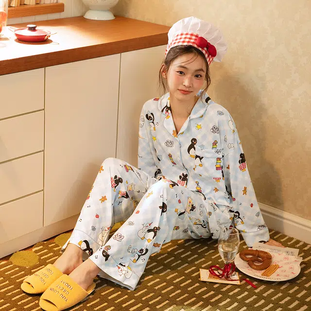 宫蝶 小企鹅纯棉长袖可爱家居服卡通休闲可外穿宽松开衫睡衣套装 女款