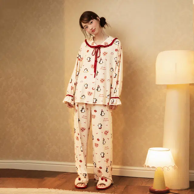 宫蝶 纯棉长袖卡通休闲宽松家居服可外穿开衫甜美风睡衣套装 女款