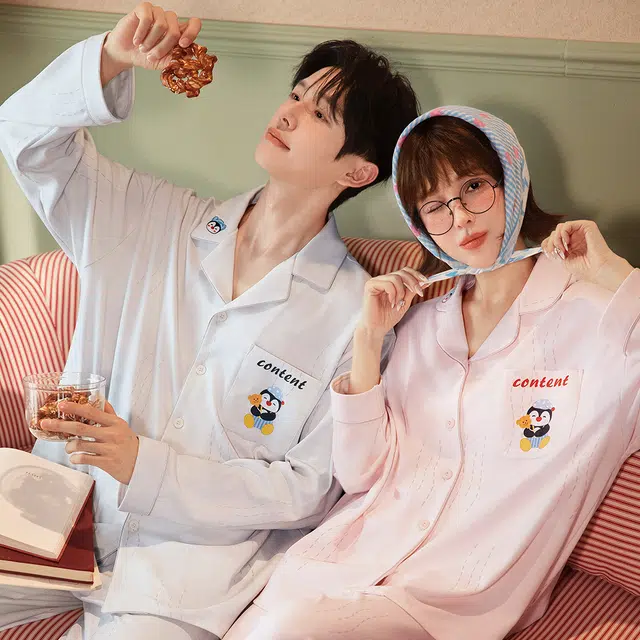 宫蝶 小企鹅长袖纯棉家居服卡通休闲开衫可外穿宽松睡衣套装 男女同款