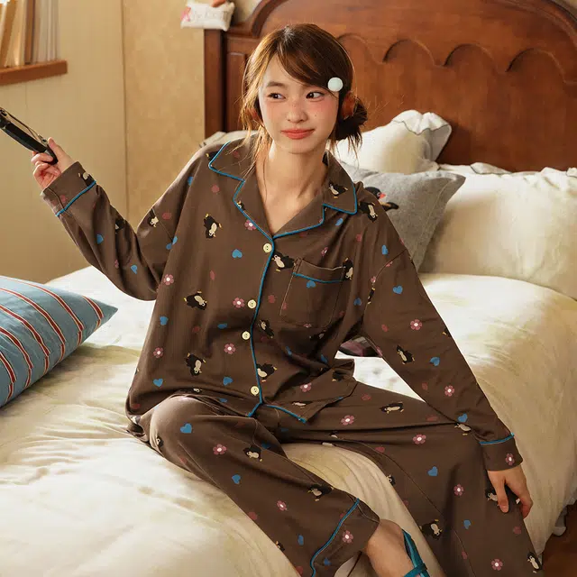 宫蝶 小企鹅纯棉长袖卡通满印家居服宽松休闲可外穿开衫睡衣套装 女款